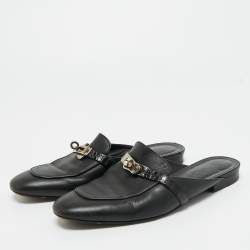 Pre Owned Hermes Black Leather Palladium Plated Oz Mule Sandals Size 39