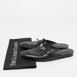 Pre Owned Hermes Black Leather Palladium Plated Oz Mule Sandals Size 39