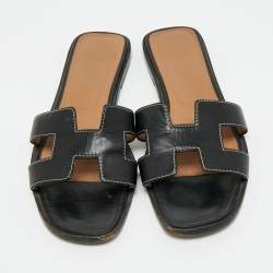 مملوكة مسبقًا صندل سلايد هيرمس أوران جلد أسود مسطح مقاس 38