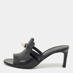Pre Owned Hermes Black Leather Cute Slide Sandals Size 39