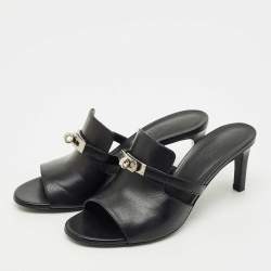 Pre Owned Hermes Black Leather Cute Slide Sandals Size 39