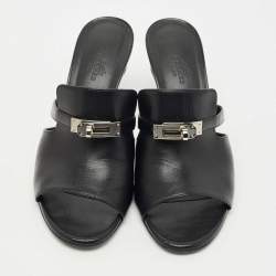 Pre Owned Hermes Black Leather Cute Slide Sandals Size 39