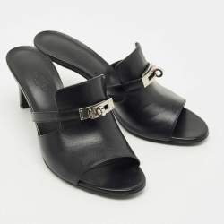 Pre Owned Hermes Black Leather Cute Slide Sandals Size 39