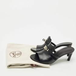 Pre Owned Hermes Black Leather Cute Slide Sandals Size 39