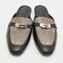 مملوكة مسبقًا صندل مولز �هيرمس أوه زد مطللي بلاديوم جلد أسود مقاس 38