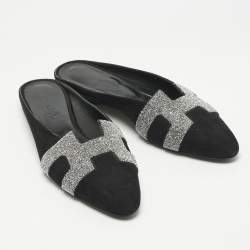 Pre Owned Hermes Black Suede Roxane  Mule Sandals Size 38