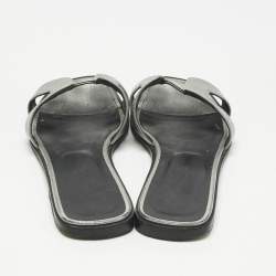 Pre Owned Hermes Silver Leather Oran Flat Slides Size 38