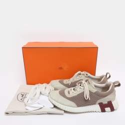 Pre Owned Hermes Grey/Beige Suede and Mesh Bouncing Sneakers Size 41