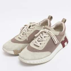 Pre Owned Hermes Grey/Beige Suede and Mesh Bouncing Sneakers Size 41