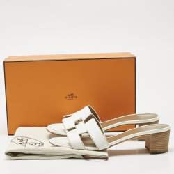 Pre Owned Hermes White Leather Oasis Slide Sandals Size 37