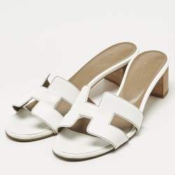 Pre Owned Hermes White Leather Oasis Slide Sandals Size 37