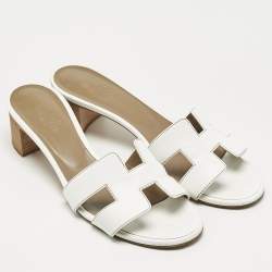 Pre Owned Hermes White Leather Oasis Slide Sandals Size 37