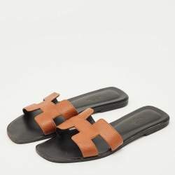 Pre Owned Hermes Brown Leather Oran Flat Slides Size 37.5