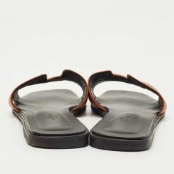 Pre Owned Hermes Brown Leather Oran Flat Slides Size 37.5