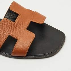 Pre Owned Hermes Brown Leather Oran Flat Slides Size 37.5