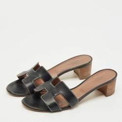 Pre Owned Hermes Black Leather Oasis Slide Sandals Size 38.5