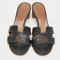 Pre Owned Hermes Black Leather Oasis Slide Sandals Size 38.5