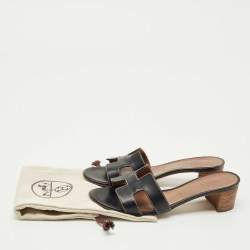 Pre Owned Hermes Black Leather Oasis Slide Sandals Size 38.5