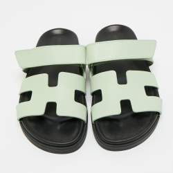 Pre Owned Hermes Green Leather Chypre Flat Sandals Size 36