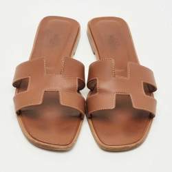 Pre Owned Hermes Brown Leather Oran Flat Slide Size 38.5