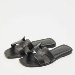 Pre Owned Hermes Black Leather Oran Flat Slides Size 38