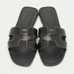 Pre Owned Hermes Black Leather Oran Flat Slides Size 38
