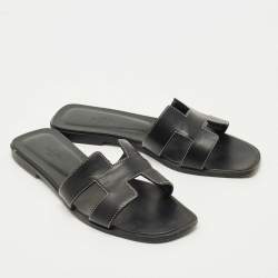 Pre Owned Hermes Black Leather Oran Flat Slides Size 38