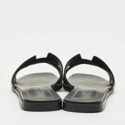 Pre Owned Hermes Black Leather Oran Flat Slides Size 38