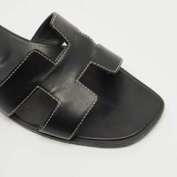 Pre Owned Hermes Black Leather Oran Flat Slides Size 38