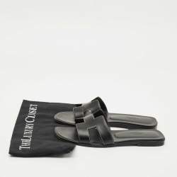 Pre Owned Hermes Black Leather Oran Flat Slides Size 38