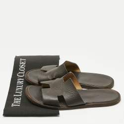 Pre Owned Hermes Dark Brown Leather Izmir Flat Slide Sandals Size 40