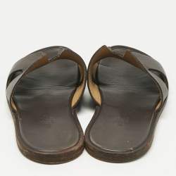 Pre Owned Hermes Dark Brown Leather Izmir Flat Slide Sandals Size 40