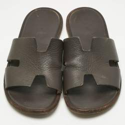 Pre Owned Hermes Dark Brown Leather Izmir Flat Slide Sandals Size 40
