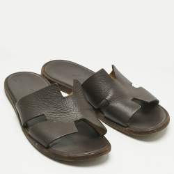 Pre Owned Hermes Dark Brown Leather Izmir Flat Slide Sandals Size 40