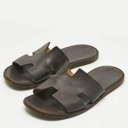 Pre Owned Hermes Dark Brown Leather Izmir Flat Slide Sandals Size 40