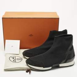 Pre Owned Hermes Black Knit Fabric and Leather Soft High Top Sneakers Size 36