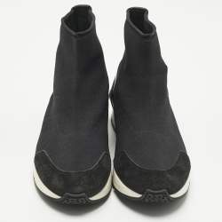 Pre Owned Hermes Black Knit Fabric and Leather Soft High Top Sneakers Size 36