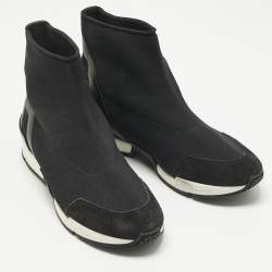 Pre Owned Hermes Black Knit Fabric and Leather Soft High Top Sneakers Size 36