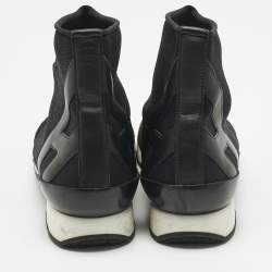 Pre Owned Hermes Black Knit Fabric and Leather Soft High Top Sneakers Size 36