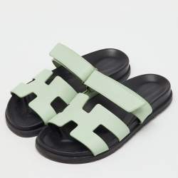Pre Owned Hermes Mint Green Leather Chypre Flat Sandals Size 39