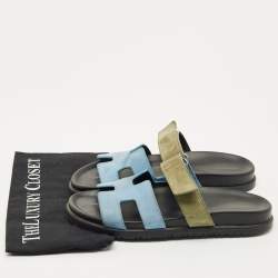 Pre Owned Hermes Blue/Green Suede Chypre Flat Sandals Size 40.5