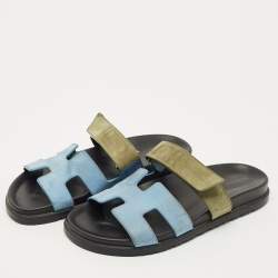 Pre Owned Hermes Blue/Green Suede Chypre Flat Sandals Size 40.5