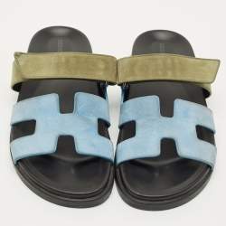 Pre Owned Hermes Blue/Green Suede Chypre Flat Sandals Size 40.5
