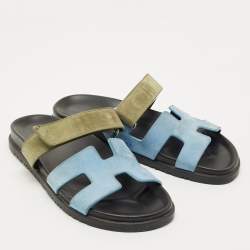 Pre Owned Hermes Blue/Green Suede Chypre Flat Sandals Size 40.5