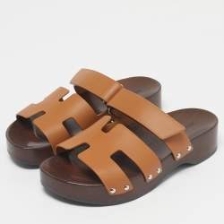 Pre Owned Hermès Tan Leather Kos Clogs Size 38