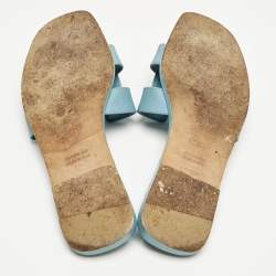Pre Owned Hermes Blue Leather Oran Flat Slide Sandals Size 38