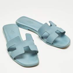 Pre Owned Hermes Blue Leather Oran Flat Slide Sandals Size 38