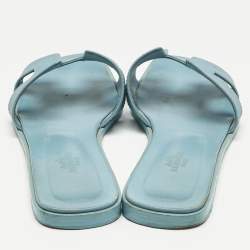 Pre Owned Hermes Blue Leather Oran Flat Slide Sandals Size 38