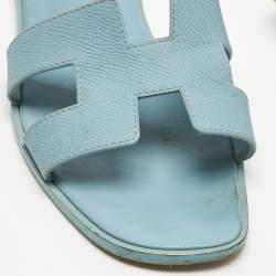 Pre Owned Hermes Blue Leather Oran Flat Slide Sandals Size 38