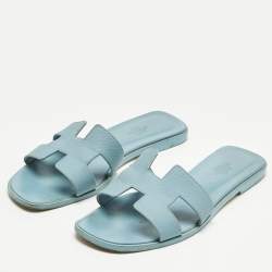 Pre Owned Hermes Blue Leather Oran Flat Slide Sandals Size 38